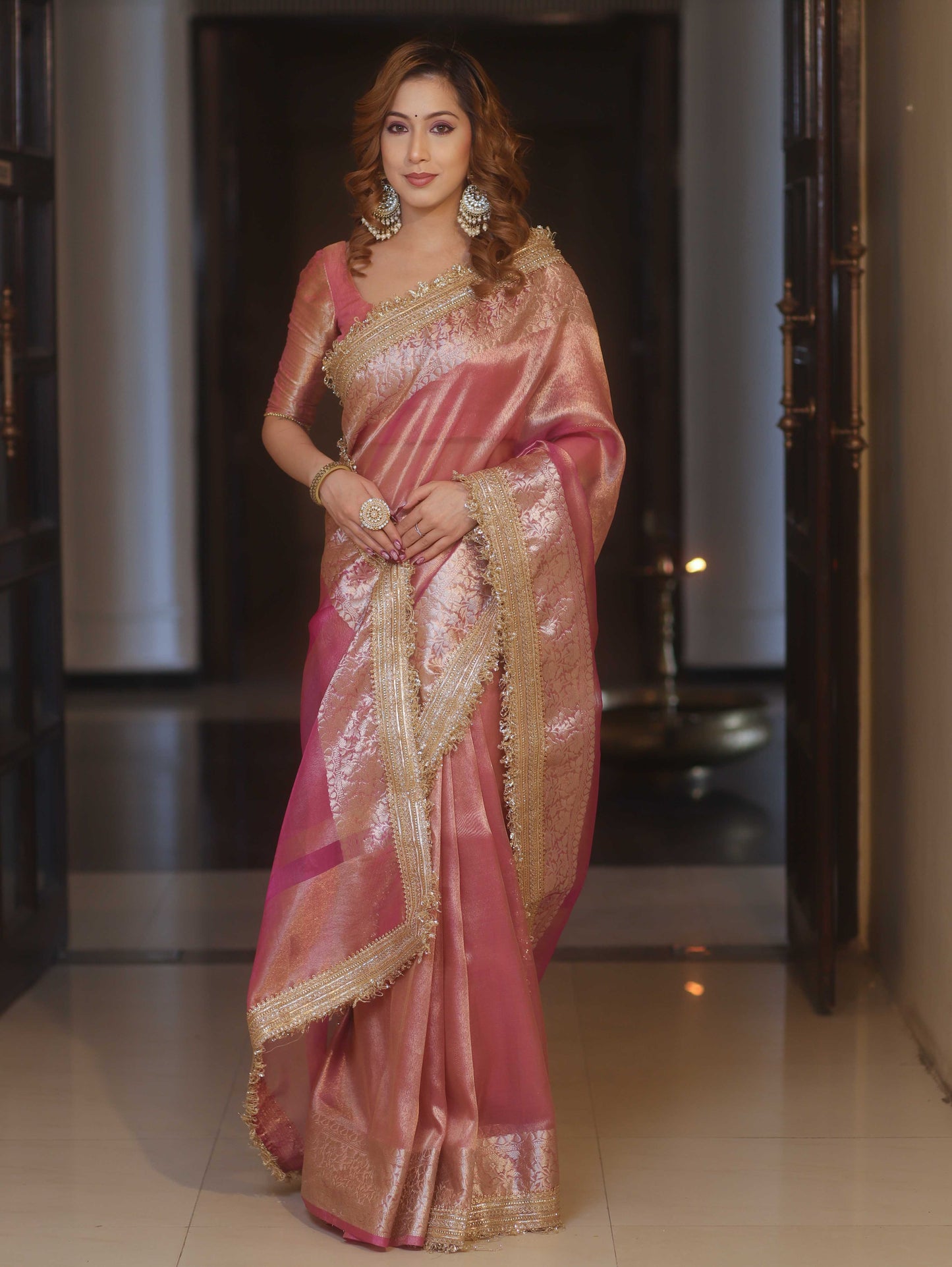 Blush Rose Tissue Silk Saree with Intricate Lace Work