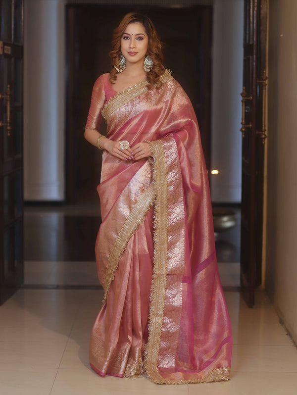 Blush Rose Tissue Silk Saree with Intricate Lace Work